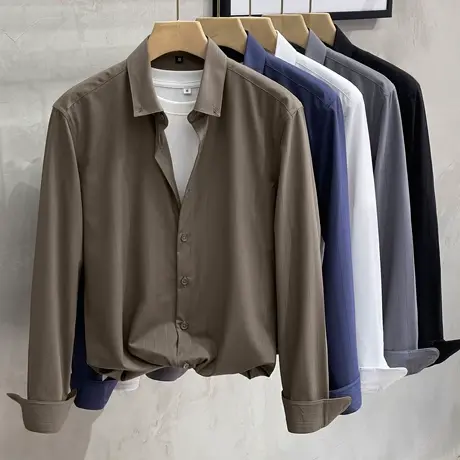 2023春秋季新款衬衫男长袖韩版条纹寸衫潮流修身帅气白色衬衣休闲商品大图