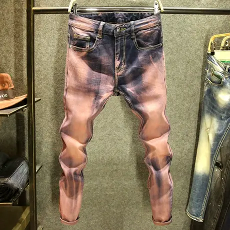 设计师款牛仔裤男潮牌水洗修身小脚裤美式高街痞帅精神小伙裤子男商品大图