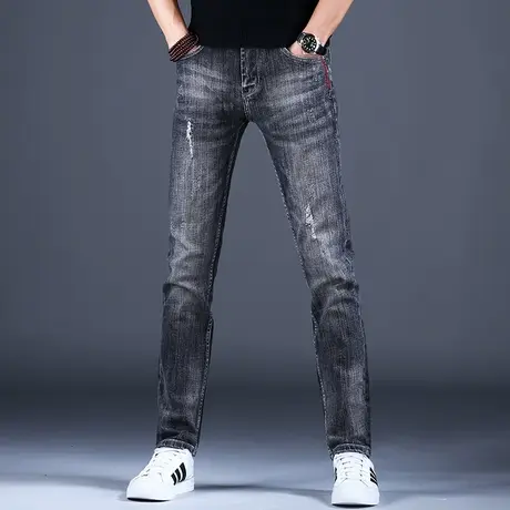 春秋灰色破洞牛仔裤男修身小脚2023新款美式高街裤子男士高端潮牌商品大图