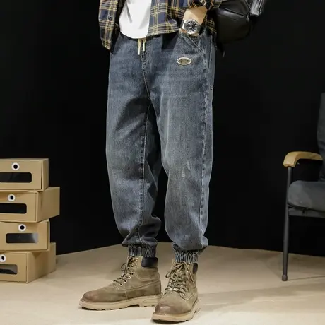 束脚秋季牛仔裤男秋冬2023新款宽松大码哈伦男裤加肥加大加绒男款商品大图