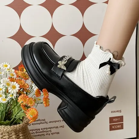 复古英伦风百搭黑色粗跟厚底小皮鞋女夏季2023新款圆头法式乐福鞋图片