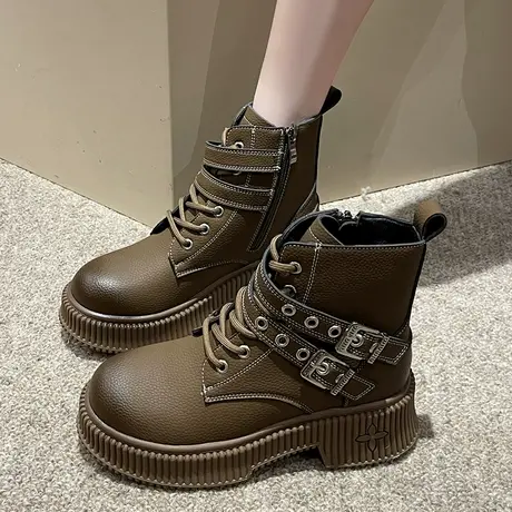 马丁靴女春秋单靴2023年新款炸街短靴薄款棕色英伦风踢不烂大棕靴商品大图