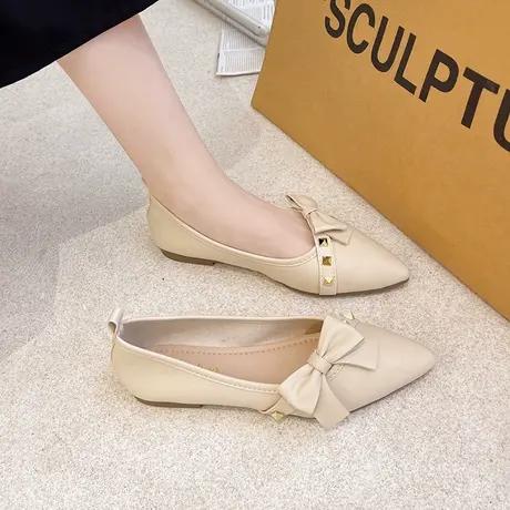 永希女鞋2023年春季新款尖头平底单鞋女百搭温柔蝴蝶结铆钉瓢鞋女商品大图