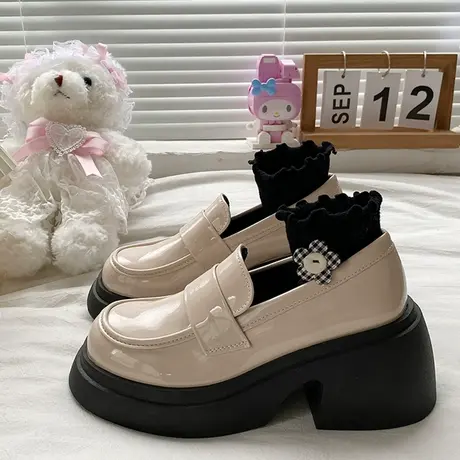 增高厚底白色小皮鞋女2023春秋季新款复古英伦风日系粗高跟单鞋子商品大图