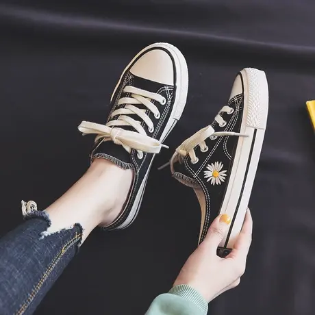 小雏菊帆布半拖鞋女百搭韩版2020年春夏季新款无后跟懒人小白女鞋商品大图