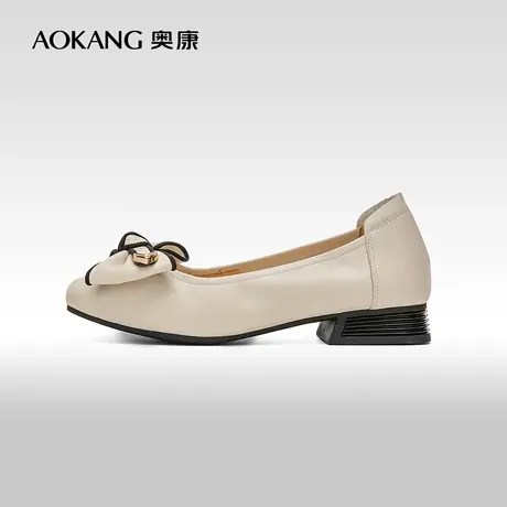 【门店发货】奥康女鞋 2023春秋季新款复古蝴蝶结浅口方头女单鞋商品大图