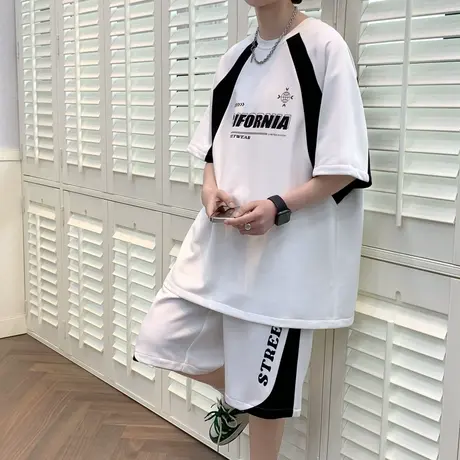 夏季男士2023新款短袖套装青少年印花接圆领T恤五分裤子篮球服商品大图
