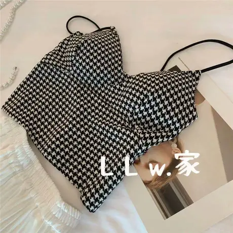千鸟格短款吊带衫2022夏季新款修身显瘦气质性感设计小众时尚吊带图片
