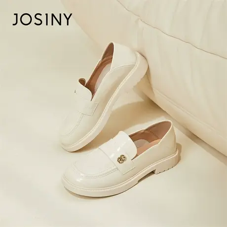 Josiny/卓诗尼白色小皮鞋女2024新款春季英伦风厚底一脚蹬单鞋子商品大图