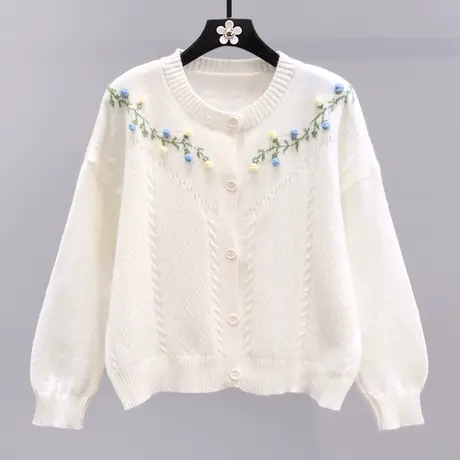 小清新甜美刺绣花卉毛衣外套女2023秋冬新款宽松外搭薄款针织开衫商品大图