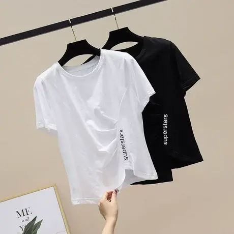 收腰设计感字母短袖T恤女夏季修身弹力显瘦气质小心机上衣不规则商品大图