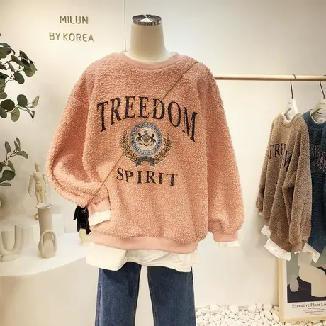 2020冬季羊羔绒毛外套韩国东大门ins潮字母假两件套装加绒卫衣女商品大图