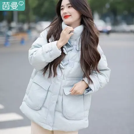 茵曼小棉被奶fufu羽绒服女2024年春季新款白色中长款连帽收腰外套图片