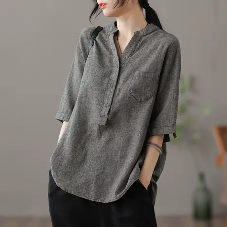 dza 复古宽松V领薄款棉麻上衣女士短袖衬衫夏季气质漂亮亚麻衬衣图片