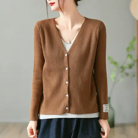 dza 复古宽松V领毛衣外套女春秋新款外搭针织衫百搭休闲开衫上衣商品大图