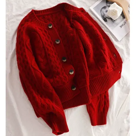 欧货秋冬新款日系复古高级感麻花针织开衫加厚新年红色毛衣女冬季商品大图