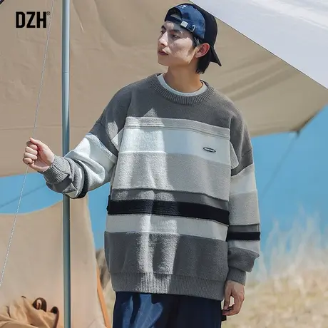 DZH男士圆领条纹毛衣男冬季高级感男装新款2023爆款套头针织衫男商品大图