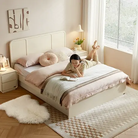 全友家居奶油风多功能收纳板式床卧室小房间省空间床床架图片