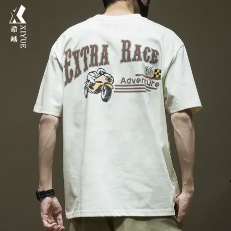 希越美式复古短袖T恤男夏季新款宽松大码抗皱凉感重磅云染潮上衣商品大图