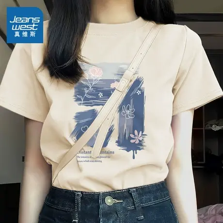 KMV真维斯宽松短袖t恤女2025新款爆款休闲时尚多巴胺穿搭宽松上衣商品大图
