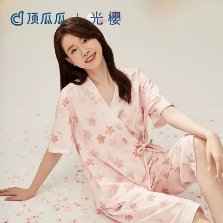 顶瓜瓜睡衣套装女100%棉樱花限定系列温柔感花朵春夏女士短袖浴袍图片