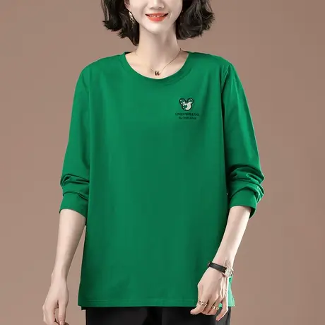 中年妈妈长袖t恤女春秋季新款加肥加大码女装宽松纯棉休闲打底衫商品大图