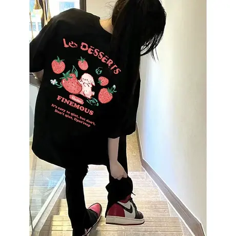 黑色慵懒风t恤女纯棉oversize大码新款胖mm显瘦ins潮牌半袖上衣夏商品大图