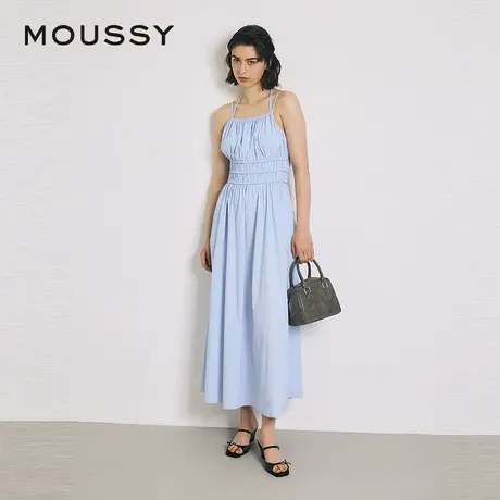 MOUSSY 2025夏季新品优雅纯色打褶收腰吊带连衣长裙010IA333-1111图片