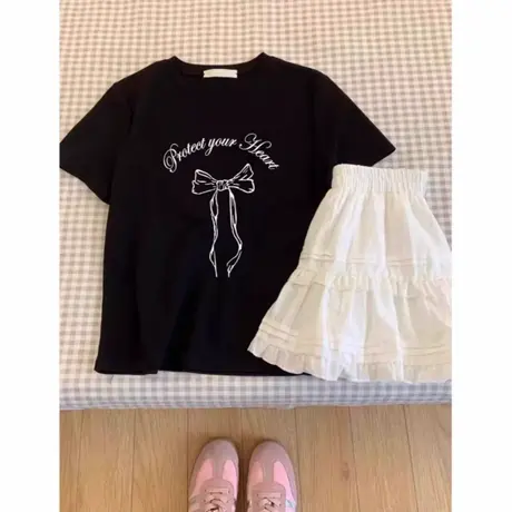辣妹绝美黑色正肩短袖t恤女夏季英文蝴蝶结印花体恤百搭显瘦上衣商品大图