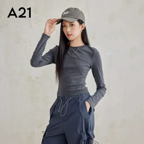 A21女装针织修身圆领套头长袖T恤拼接设计纯色修身打底衫上衣商品大图