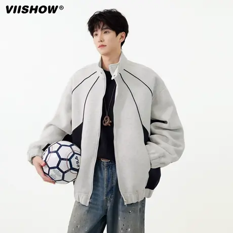 VIISHOW美式纯色夹克男秋季高街cleanfit情侣潮牌立领工装外套商品大图