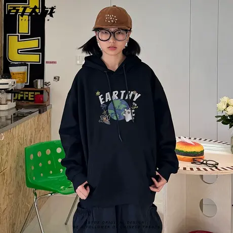美式潮牌快乐星球小狗印花连帽卫衣女秋季正肩休闲ins情侣帽衫图片