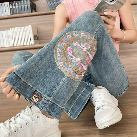 新中式国风高级感喇叭裤女2025春夏薄款重工刺绣小个子微喇牛仔裤商品大图