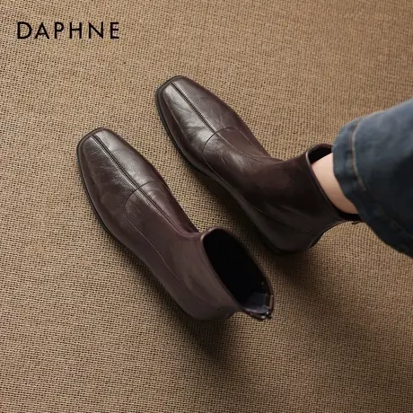 达芙妮棕色短靴女2025秋冬季新款方头黑色及踝靴法式复古马丁靴女图片