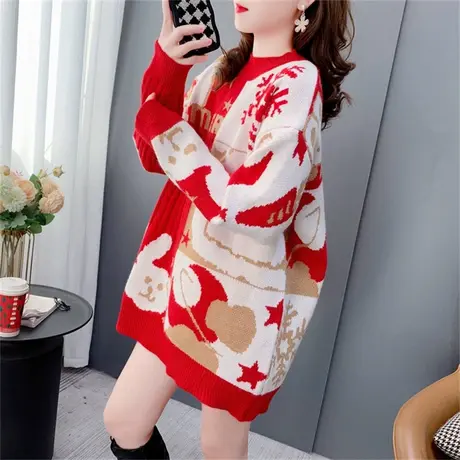 圣诞雪花红色圆领毛衣女套头2022新款秋冬宽松加厚洋气打底针织衫商品大图