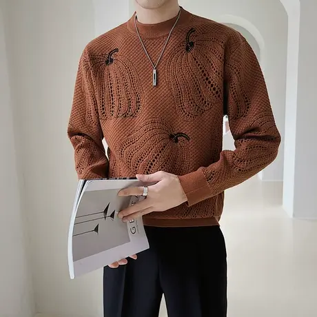 南瓜提花高级感圆领针织毛衣修身韩版个性潮牌青年冬季打底毛线衣商品大图