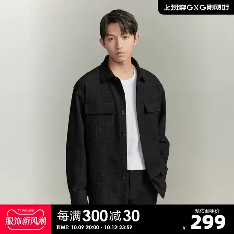 GXG【热卖推荐】2023新品 秋冬格纹胸前口袋翻领长袖衬衫外套图片