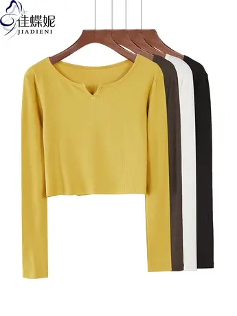 春秋季新款V领桃领宽松短款露腰长袖纯棉T恤螺纹高腰百搭上衣女图片