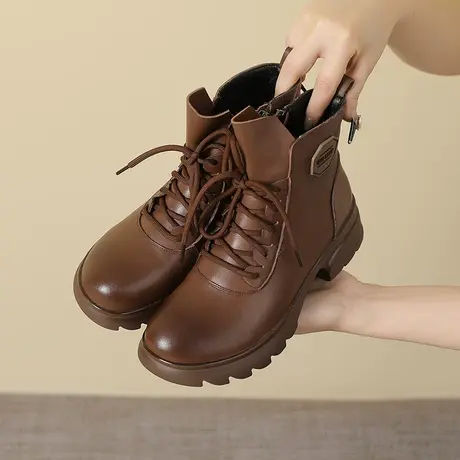 时尚真皮粗跟大码女靴41一43鞋子女2023新款爆款秋季显瘦马丁靴商品大图