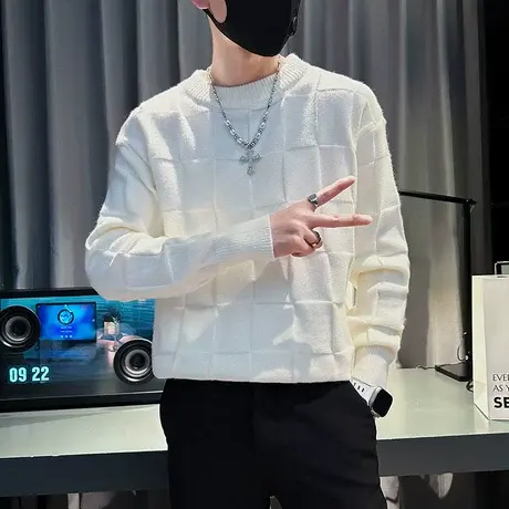 高级感格子提花针织毛衣男2023秋冬新款潮牌轻熟宽松纯色内搭线衣商品大图