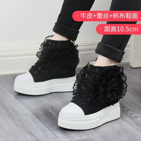 2023新款内增高帆布鞋女10CM蕾丝花网松糕厚底单鞋休闲运动高帮鞋图片