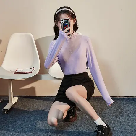 犬系女孩净色打底衫唐狮春秋新款女堆堆领长袖针织衫修身通勤上衣图片
