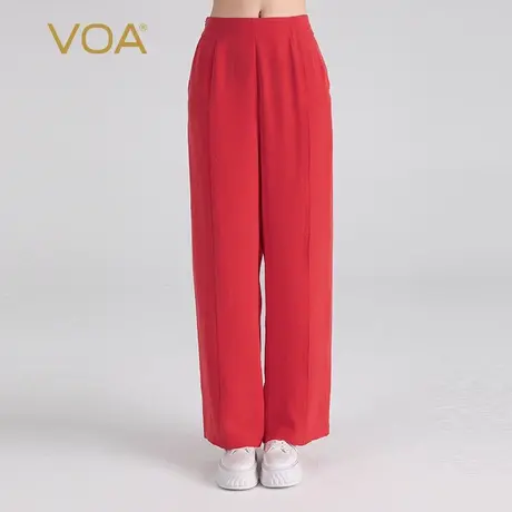 VOA30姆米重磅厚桑蚕丝后松紧自然腰侧口袋梦想红真丝直筒长裤图片