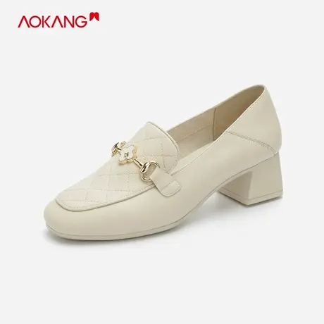 【门店发货】奥康女鞋秋气质通勤舒适方头真皮低跟乐福鞋休闲单鞋图片