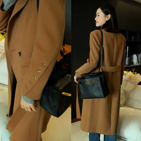 23秋冬新款女装复古系带修身显瘦金属袖扣羊毛毛呢女士大衣外套商品大图