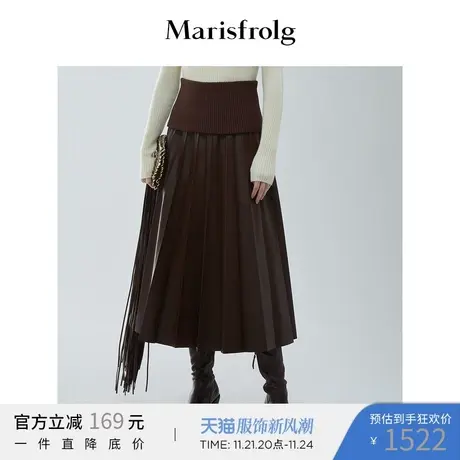 【设计感半裙】玛丝菲尔冬季新款深咖色两件设计高腰PU皮半身裙图片