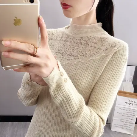 2023春装新款长袖针织衫女士半高领蕾丝套头毛衣女士百搭打底上衣图片