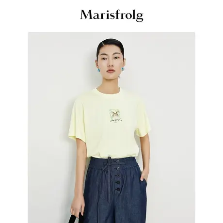 【科技花香面料】玛丝菲尔2023年夏季新款鹅黄色立体蝴蝶刺绣T恤商品大图