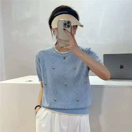 2023新款夏季女士针织衫上衣短袖宽松套头冰丝针织薄款镂空打底衫商品大图