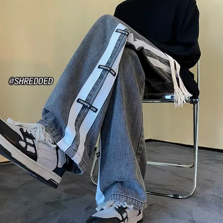 春秋季新款条纹拼接牛仔裤男ins潮流宽松抽绳阔腿直筒拖地休闲裤商品大图